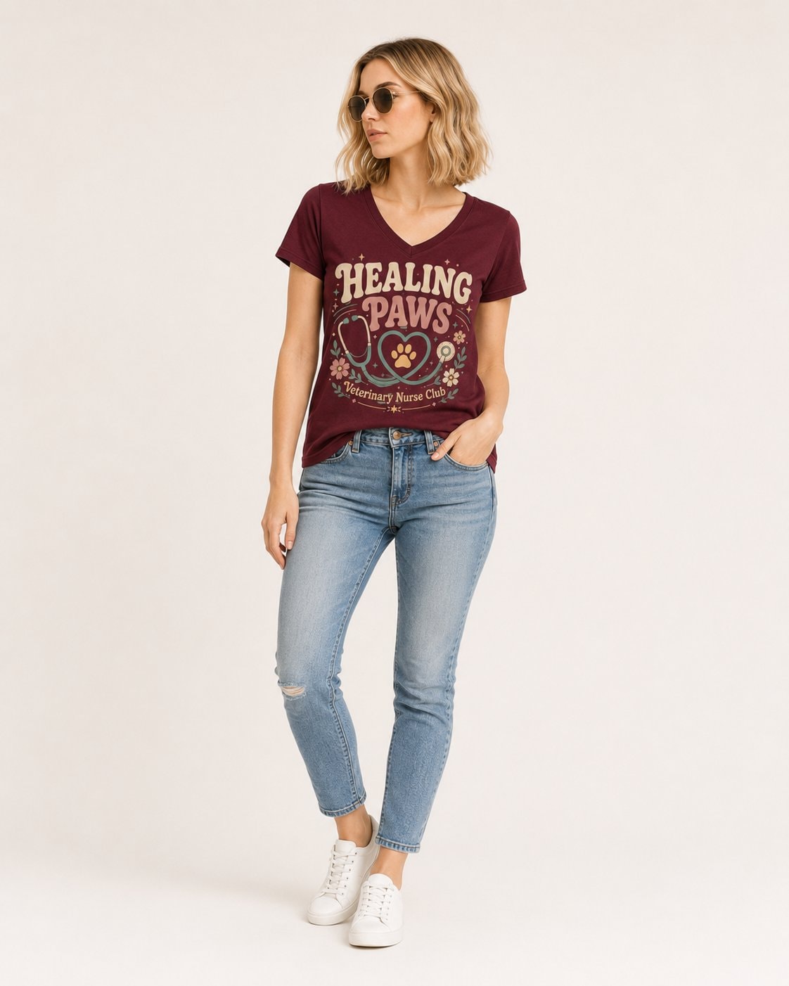 Healing Paws Veterinary Nurse Women's V-Neck T-Shirt-Maroon-1