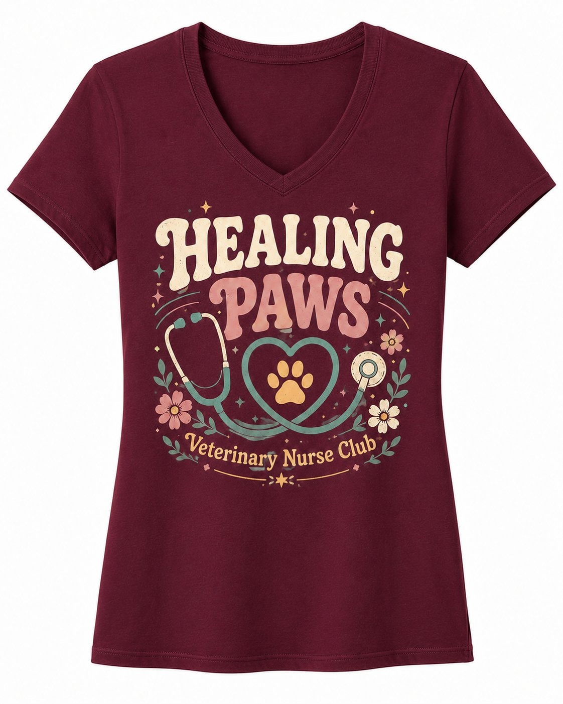 Healing Paws Veterinary Nurse Women's V-Neck T-Shirt-Maroon-3