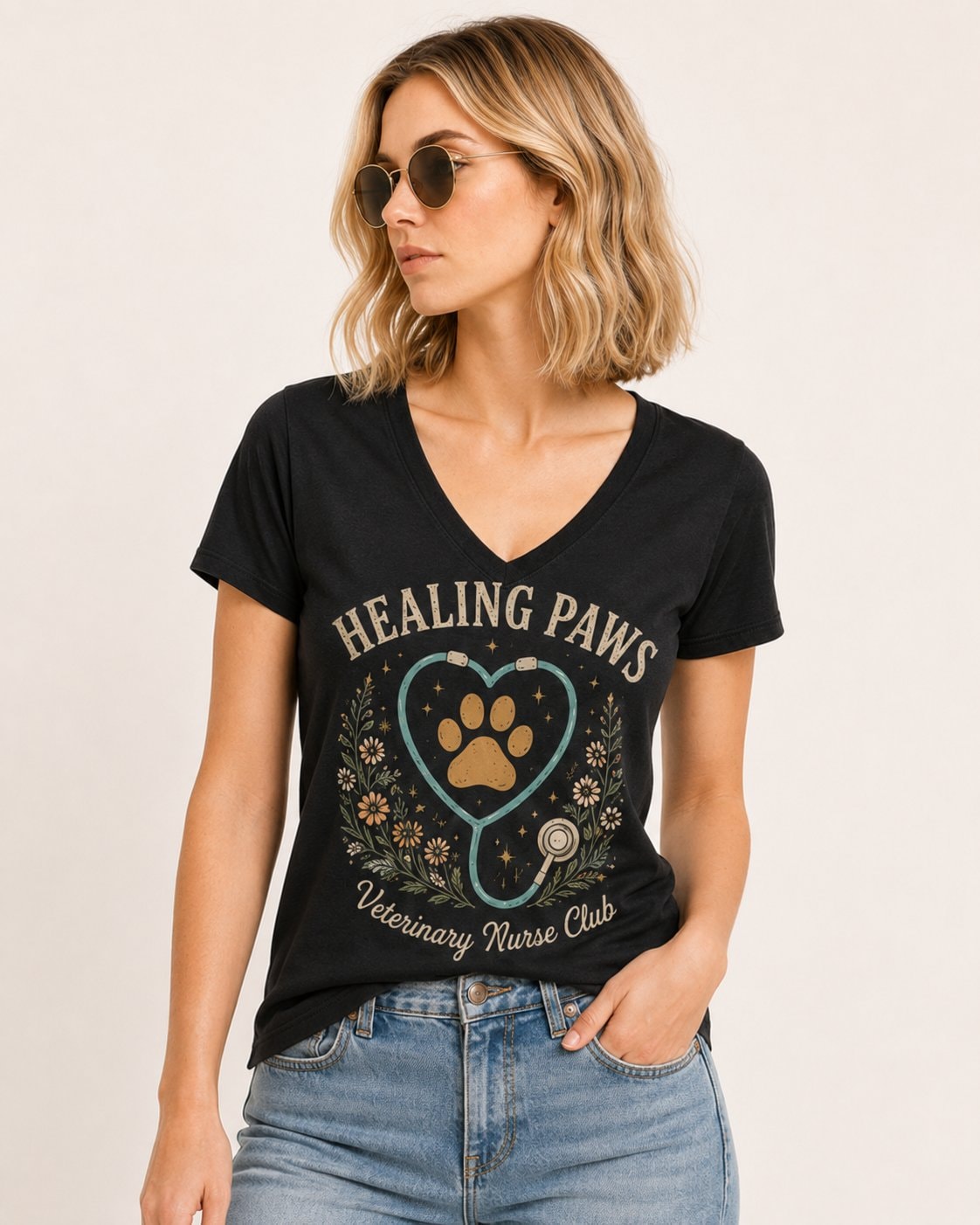 Healing Paws Veterinary Nurse Women's V-Neck T-Shirt-Black-2