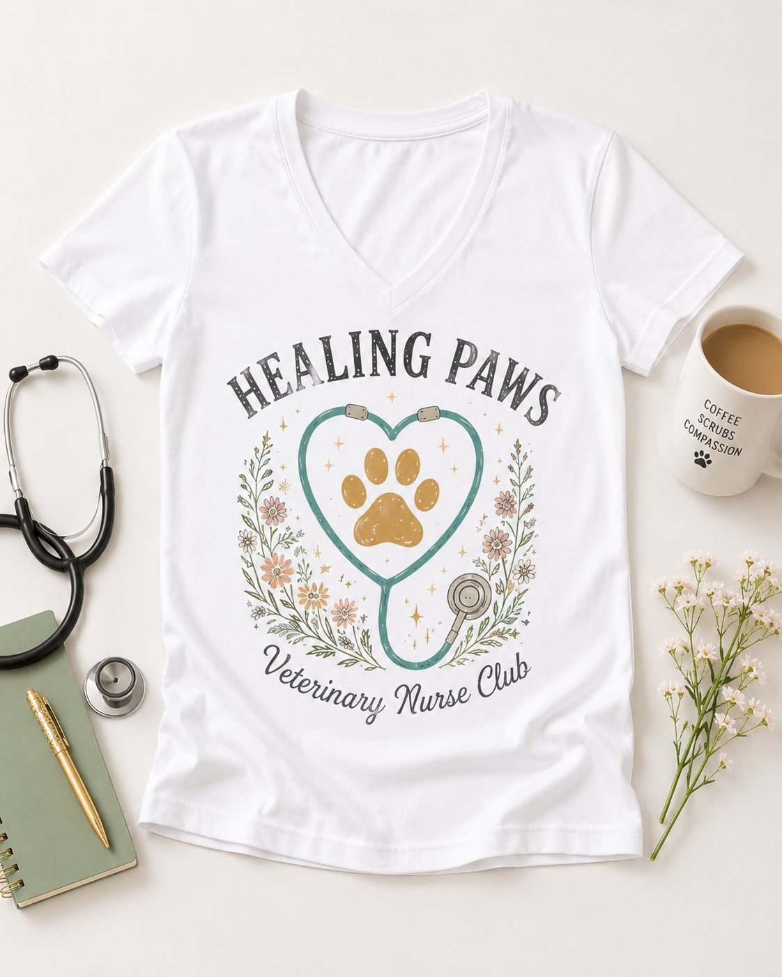 Healing Paws Veterinary Nurse Women's V-Neck T-Shirt-White-4