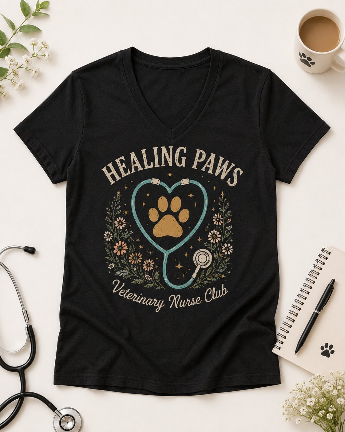 Healing Paws Veterinary Nurse Women's V-Neck T-Shirt-Black-4